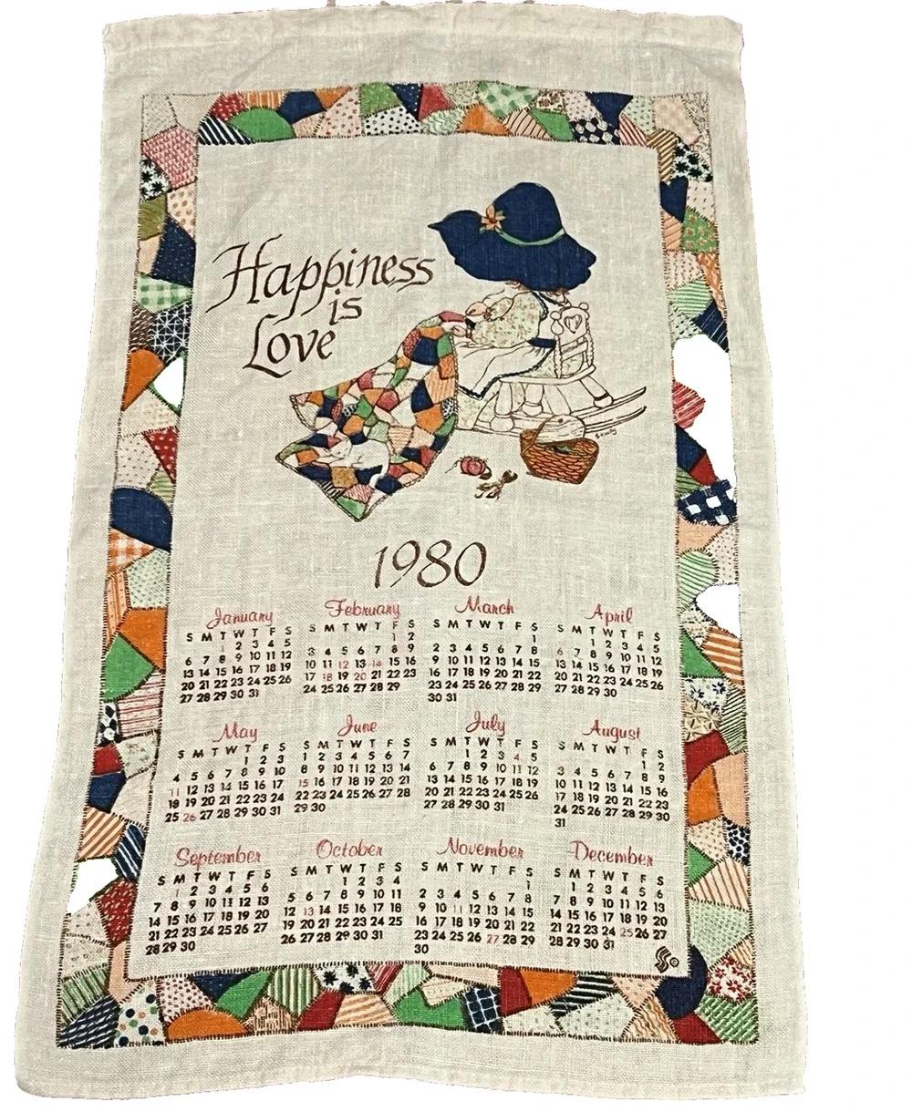1980 Linen Towel Calendar Sunbonnet Sue Quilter Patchwork Vintage Wall Hanging